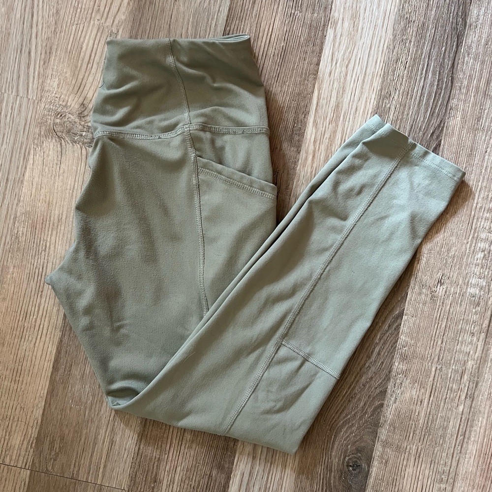 High waisted, tummy control, sage green workout leggings.